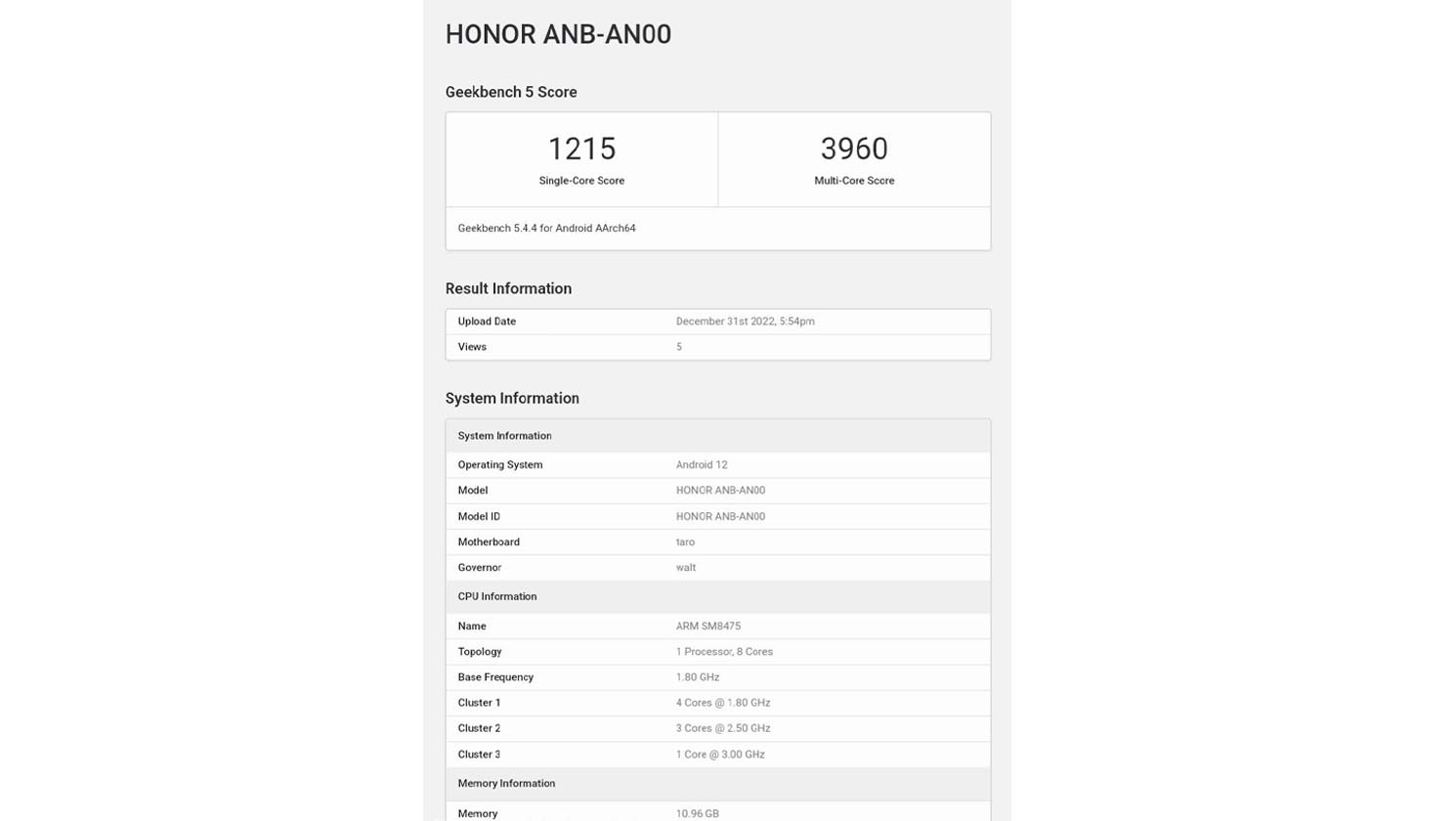 Honor 80 Pro con display piatto - Geekbench
