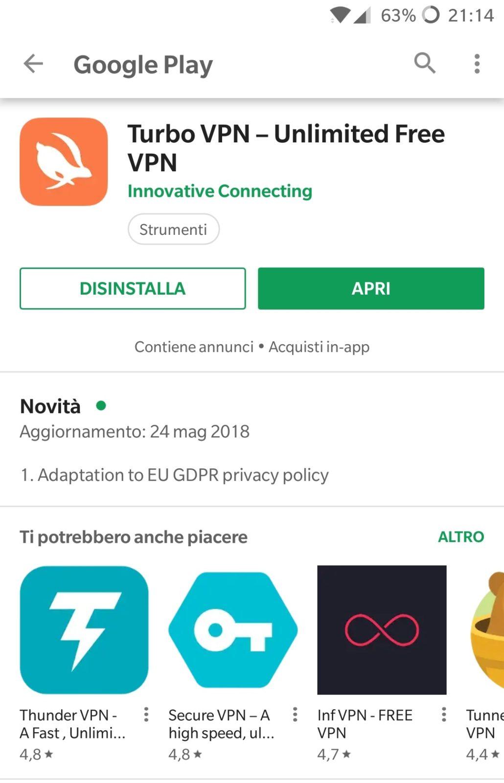 Turbo VPN è disponibile gratuitamente sul Play Store