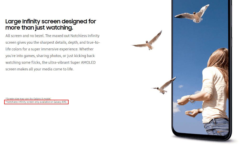 Galaxy A90: confermato (per sbaglio) da Samsung il Nochtless Infinity screen
