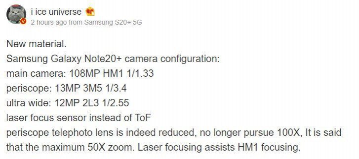 Samsung Galaxy Note 20+ con sensore da 108 MP e zoom 50X