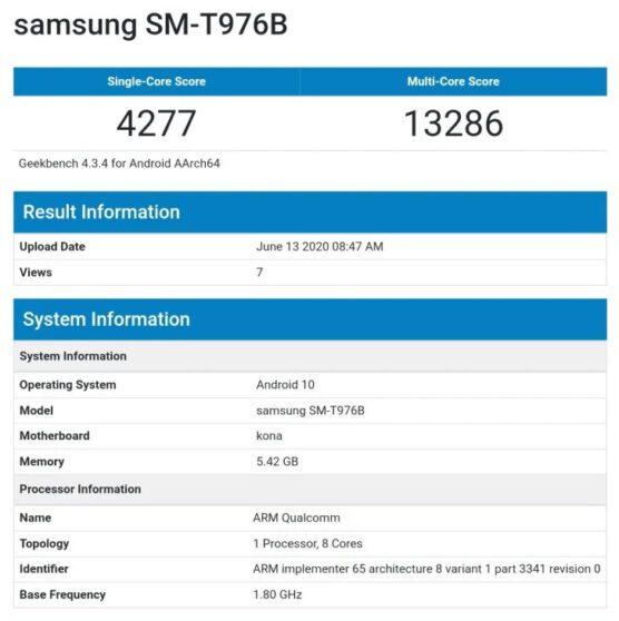 Samsung Galaxy Tab S7+ appare su Geekbench con lo Snapdragon 865