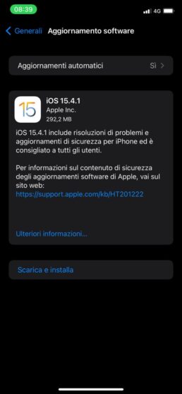 Aggiornamento iOS 15.4.1