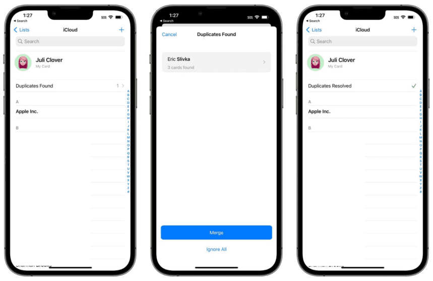 eliminazione doppi contatti con iOS 16